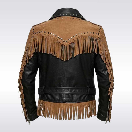 Men’s Brown and Black Fringe Leather Biker Jacket
