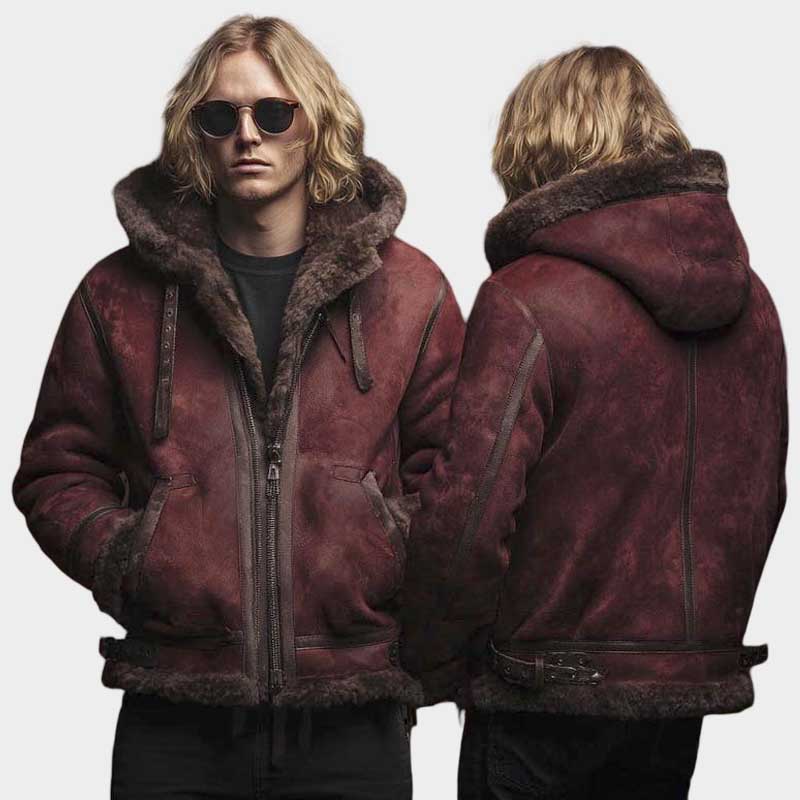 Men's burgundy distressed shearling aviator jacket with cozy fur-lined hood and B3 design