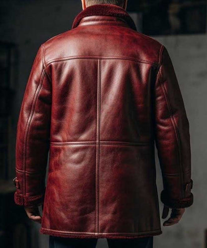 Mens Burgundy Shearling Leather Coat