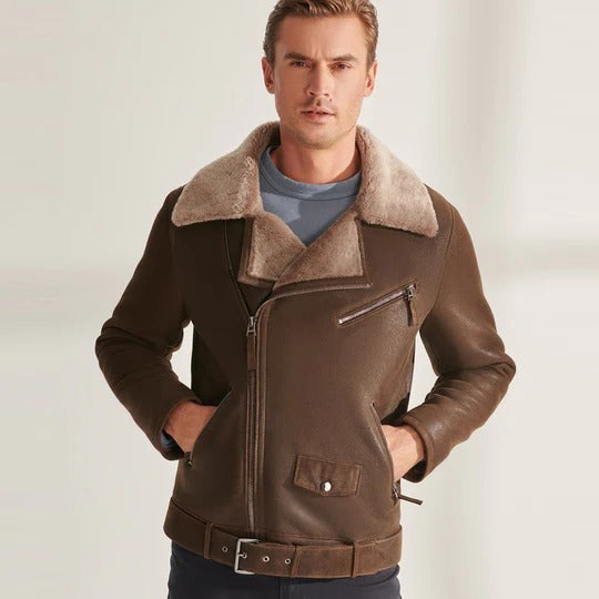 Brown Shearling Sheepskin Biker Aviator Jacket