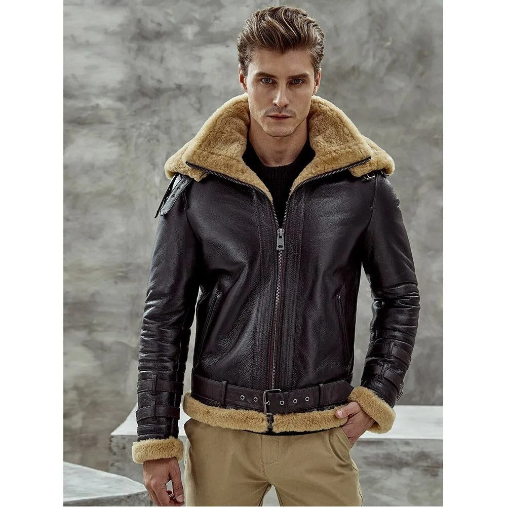 Men's Dark Brown B3 Bomber Shearling Jacket with Double Collar