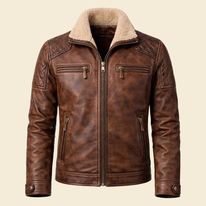 Mens Distressed Brown Leather Jacket with Sherpa collar