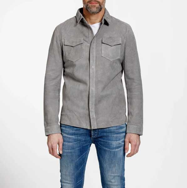 Mens Gray Lambskin Suede Leather Shirt Jacket