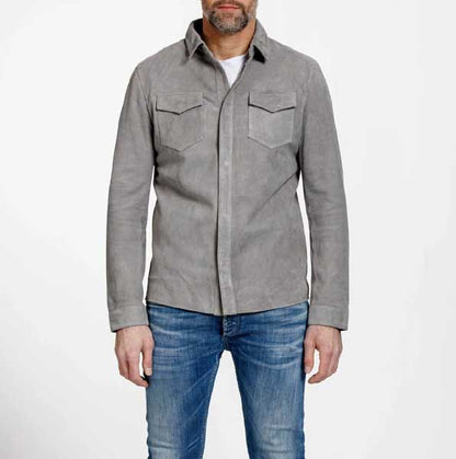 Mens Gray Lambskin Suede Leather Shirt Jacket