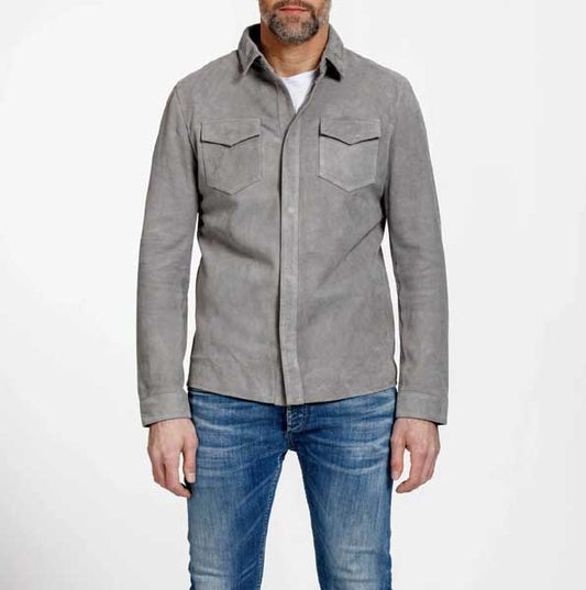 Mens Gray Lambskin Suede Leather Shirt Jacket