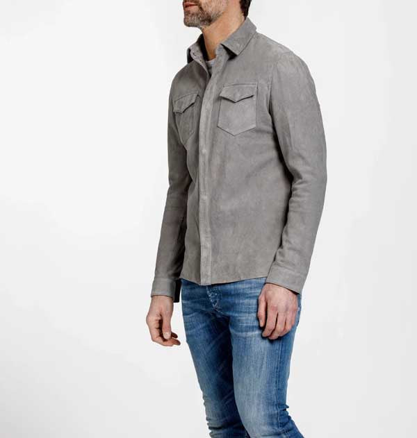 Mens Gray Lambskin Suede Leather Shirt Jacket