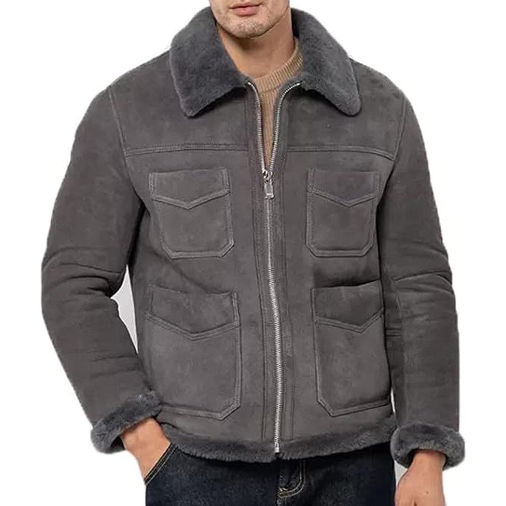 Grey Suede Shearling Jacket Aviator jacket Sherpa Jacket