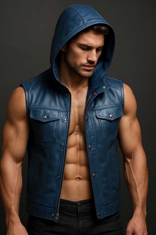 Mens Handmade Blue Leather Hooded Biker Vest Genuine Sheepskin Custom Fit