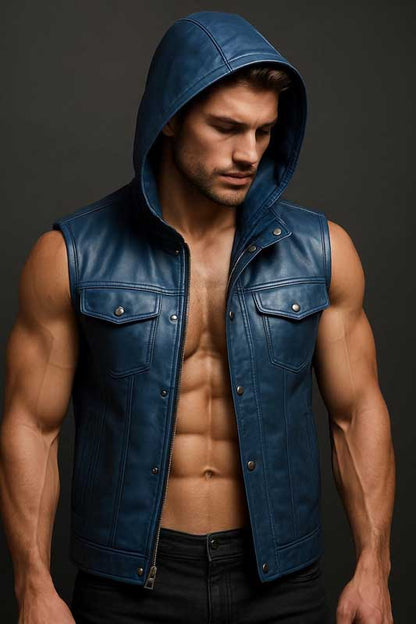 Mens Handmade Blue Leather Hooded Biker Vest Genuine Sheepskin Custom Fit