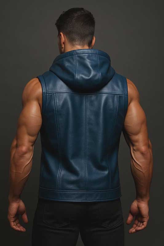 Mens Handmade Blue Leather Hooded Biker Vest Genuine Sheepskin Custom Fit