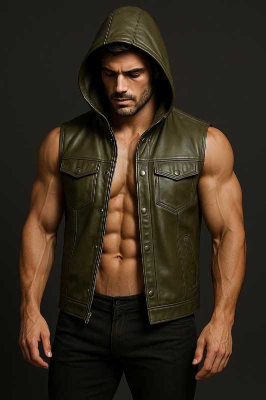 Mens Handmade Olive Green Leather Hooded Biker Vest Genuine Leather Custom Fit