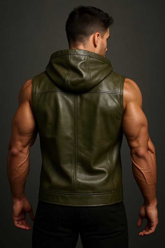 Mens Handmade Olive Green Leather Hooded Biker Vest Genuine Leather Custom Fit