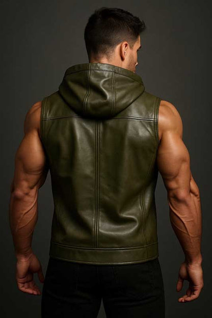 Mens Handmade Olive Green Leather Hooded Biker Vest Genuine Leather Custom Fit