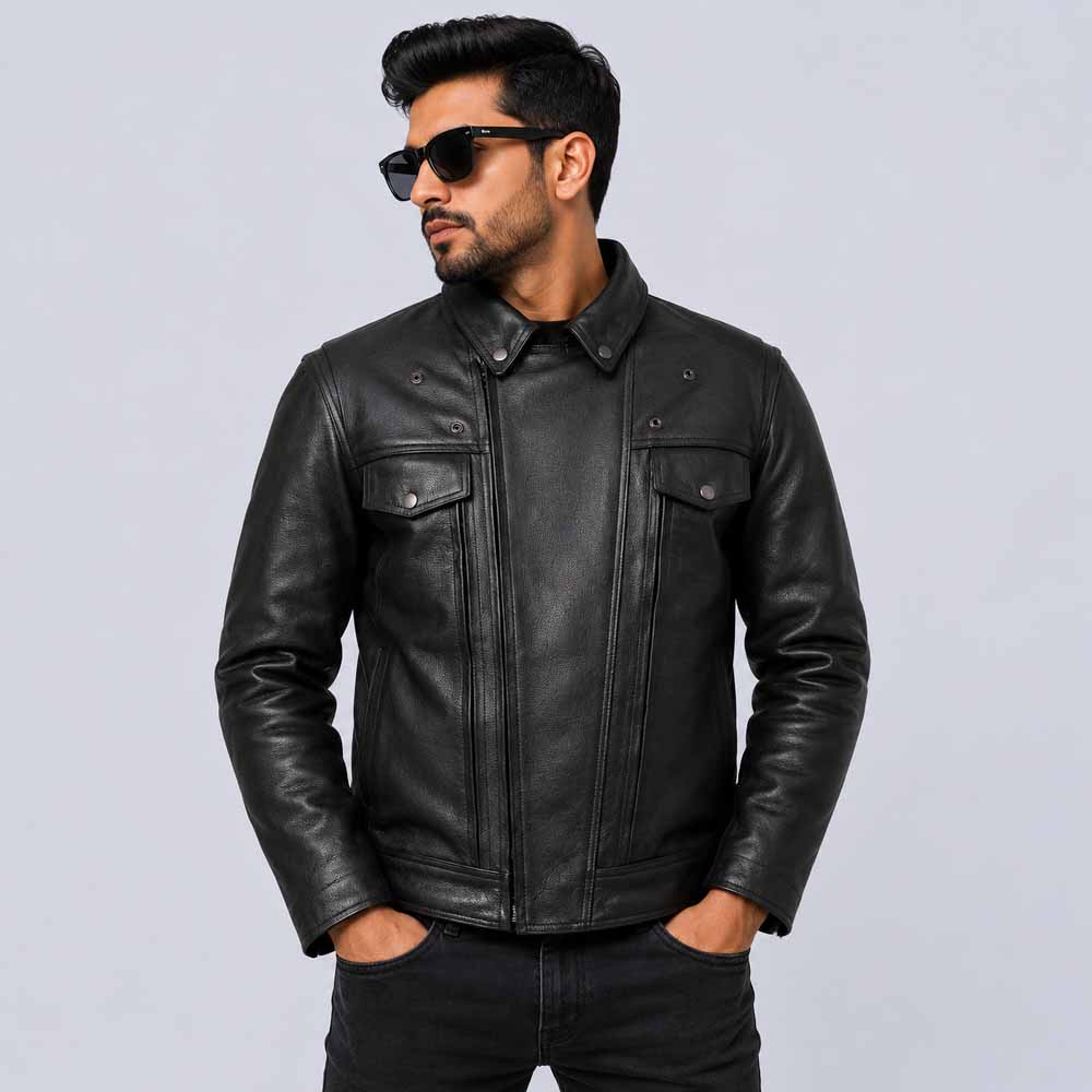 Men's Black Premium Leather Cruiser Jacket with Utility Pocket Design