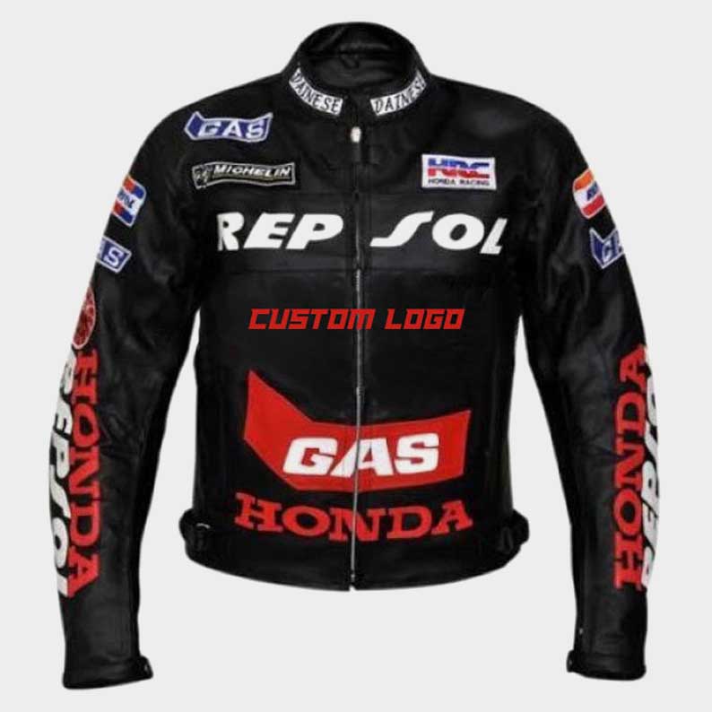 Men's Honda Repsol Gas Motorbike Leather Jacket with CE armor front view by Jackets Kingdom