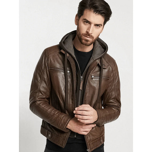 Hooded Brown Leather Jacket