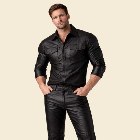 Mens Lambskin Leather Shirt and Pants Set slim fit