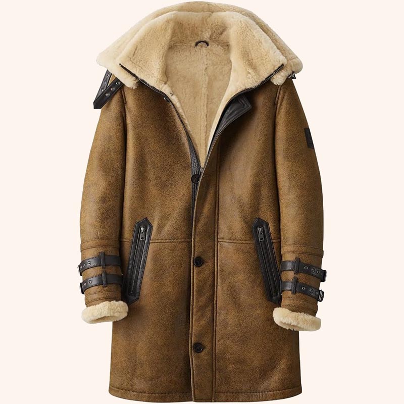 Men's Long B7 Bomber Jacket - Vintage Brown Winter Coat