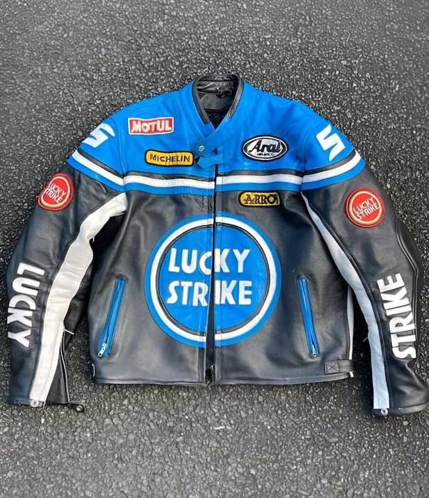 Mens Lucky Strike Blue and Black Cowhide Leather MotoGP Racing Jacket
