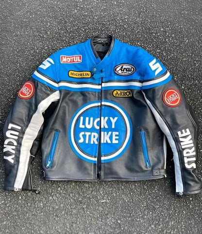 Mens Lucky Strike Blue and Black Cowhide Leather MotoGP Racing Jacket