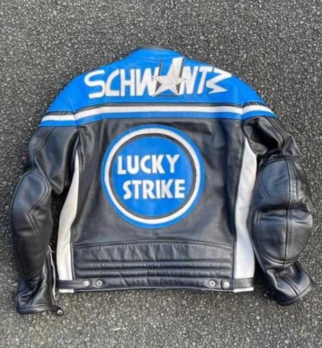 Mens Lucky Strike Blue and Black Cowhide Leather MotoGP Racing Jacket