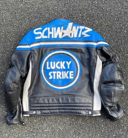 Mens Lucky Strike Blue and Black Cowhide Leather MotoGP Racing Jacket