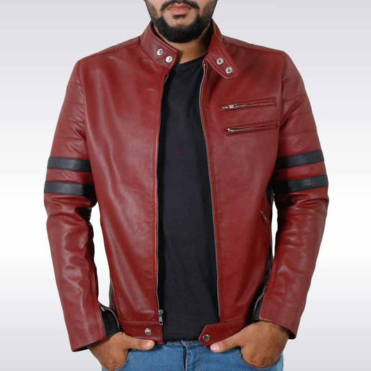 Men’s Maroon Leather Biker Jacket with Navy Stripes