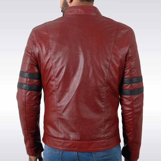 Men’s Maroon Leather Biker Jacket with Navy Stripes