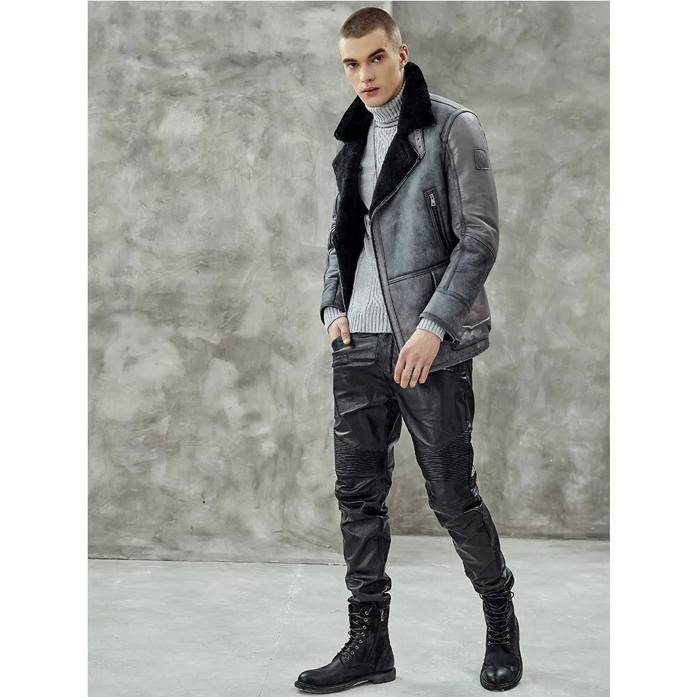 Men's Metallic Gray B3 Shearling Bomber Jacket - Genuine Leather Coat