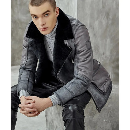 Men's Metallic Gray B3 Shearling Bomber Jacket - Genuine Leather Coat