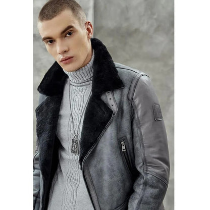 Men's Metallic Gray B3 Shearling Bomber Jacket - Genuine Leather Coat