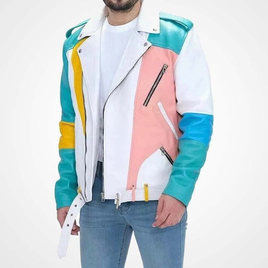 Men's Multi-Color Pastel Moto Biker Jacket in Genuine Leather