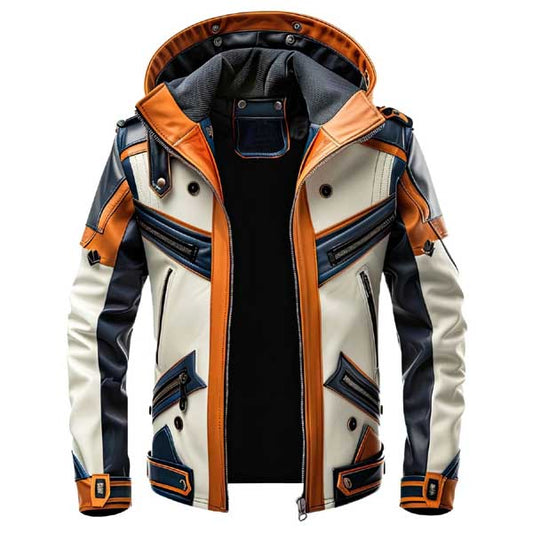 Mens Navy Blue White Sheepskin Hooded Racing Leather Jacket