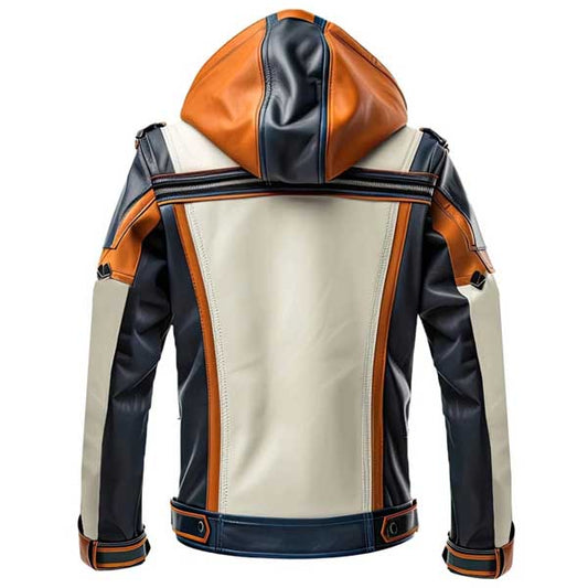 Mens Navy Blue White Sheepskin Hooded Racing Leather Jacket