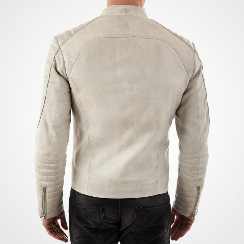 Men's Off-White Leather Moto Jacket with Stand Collar