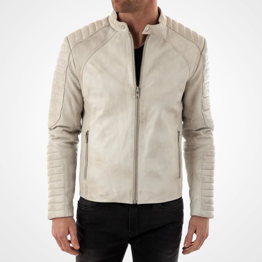 Men's Off-White Leather Moto Jacket with Stand Collar