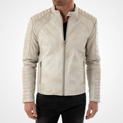 Men's Off-White Leather Moto Jacket with Stand Collar