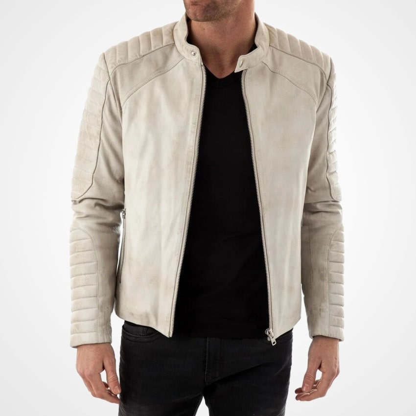 Men's Off-White Leather Moto Jacket with Stand Collar