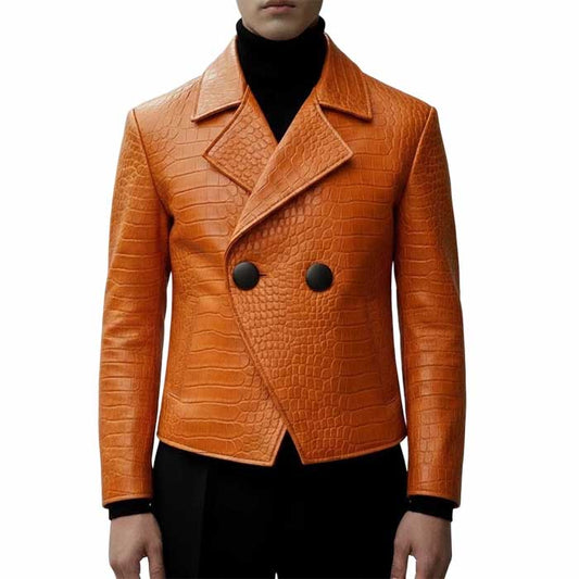 Mens Orange Crocodile Embossed Cowhide Leather Peacoat Jacket