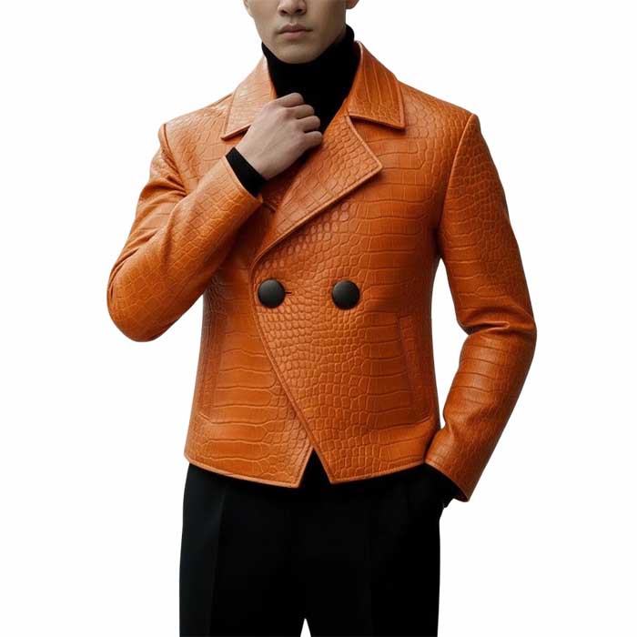 Mens Orange Crocodile Embossed Cowhide Leather Peacoat Jacket