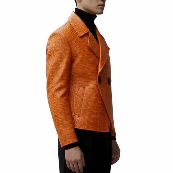 Mens Orange Crocodile Embossed Cowhide Leather Peacoat Jacket