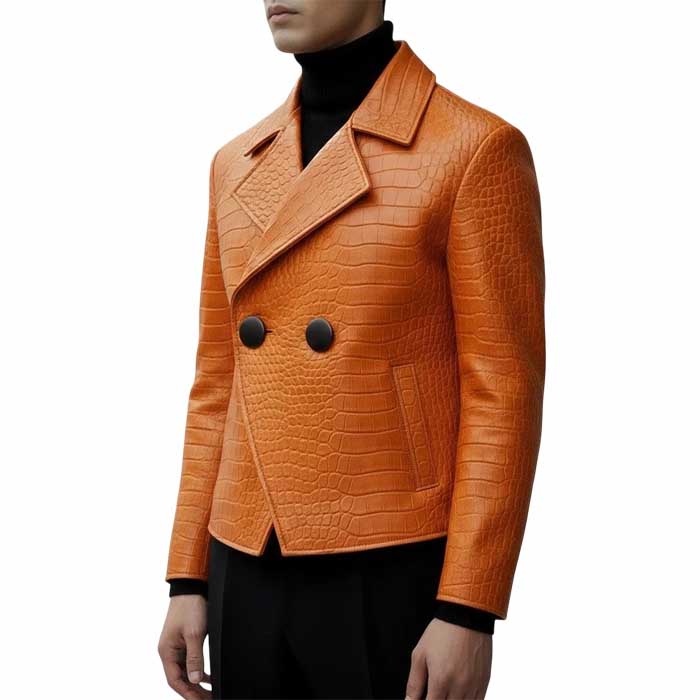 Mens Orange Crocodile Embossed Cowhide Leather Peacoat Jacket