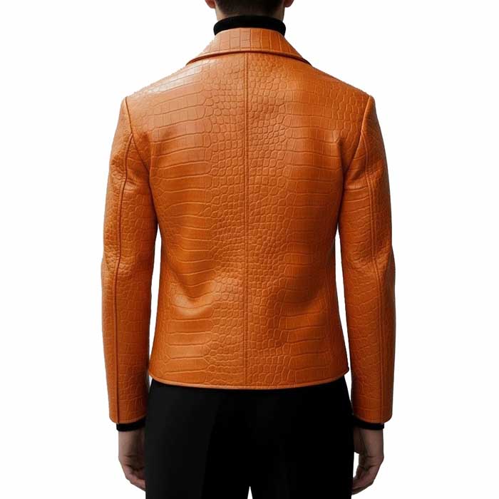 Mens Orange Crocodile Embossed Cowhide Leather Peacoat Jacket