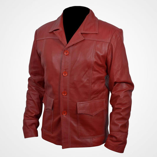 Men's Red Leather Jacket Inspired by Fight Club Brad Pitt