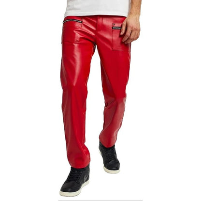 Men’s Red Leather Pants with Zip Pockets