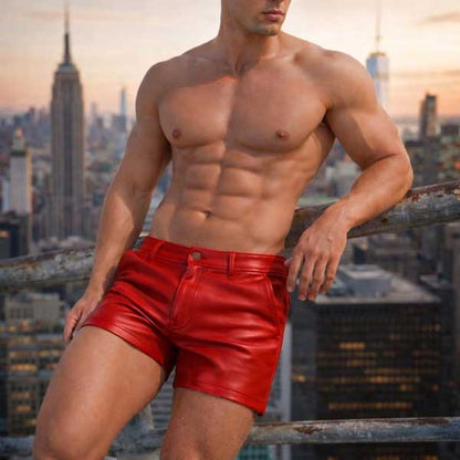 Mens Red Leather Slim Fit Shorts