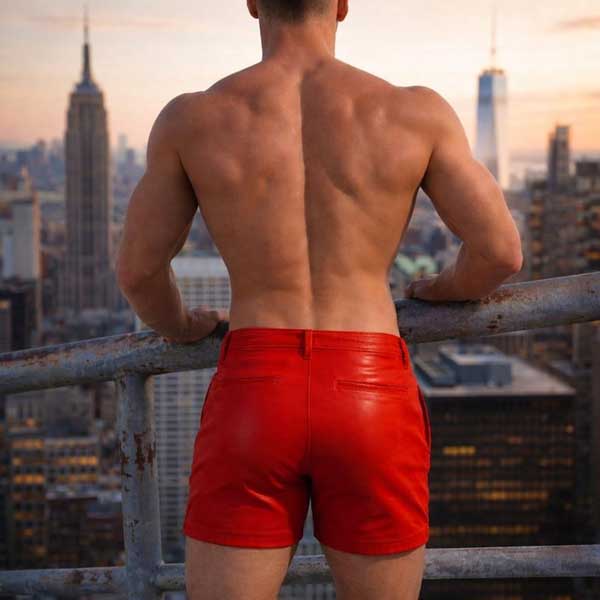 Mens Red Leather Slim Fit Shorts