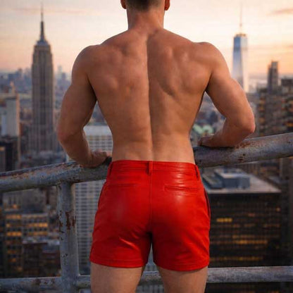 Mens Red Leather Slim Fit Shorts