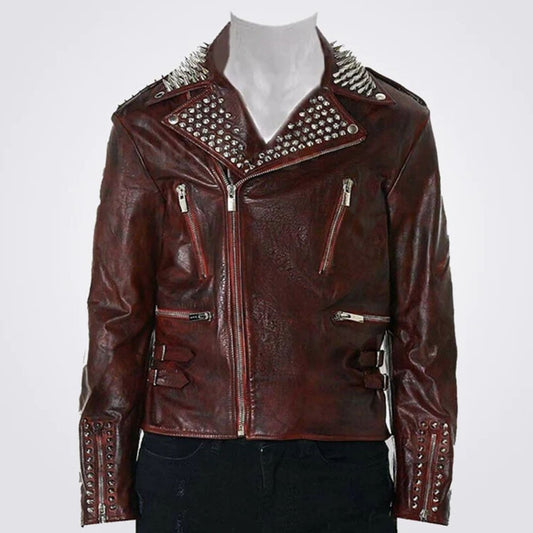 Red Metallic Spiked Leather Jacket
