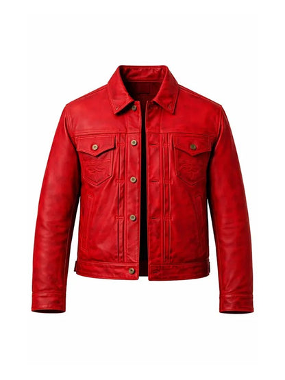 Mens Red Real Leather Trucker Jacket with Button Closure